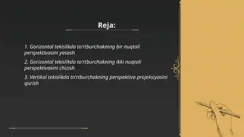 Tekis shakl gorizontal vertikal va og'ma vaziyatdagi tórt burchak kóp burchak aylanalarning perspiktevasini yasash 2