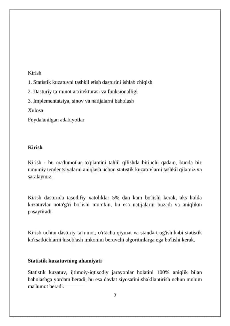 Statistik kuzatishni tashkil etish dasturni ishlab chiqish 2