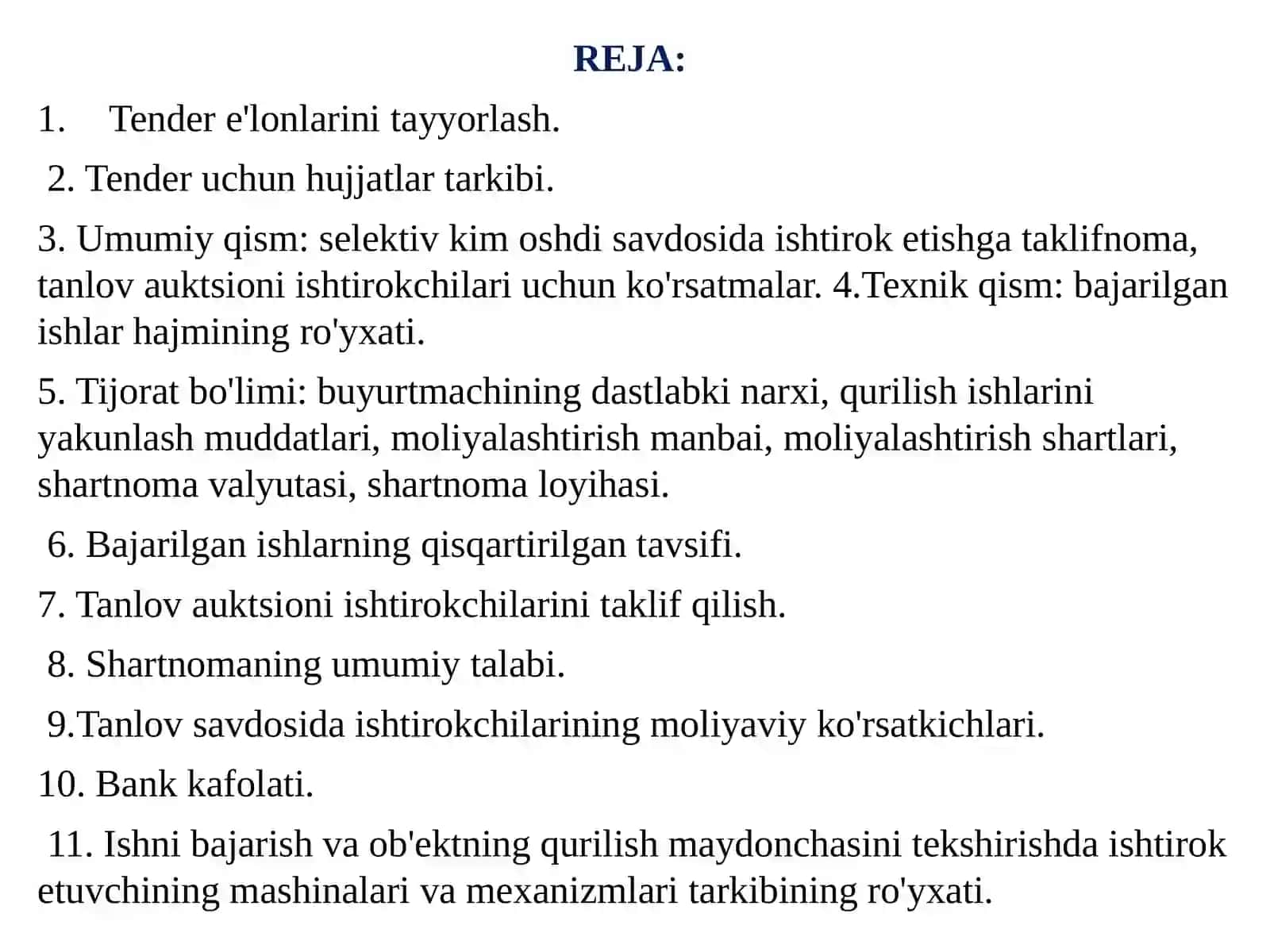 YO'LLARINI QURILISH,REKONSTRUKSIYA QILISH VA KAPITAL TA'MIRLASH BO'YICHA TENDERSAVDOLARIDA ISHTIROK ETISh UCHUN HUJJATLARTARKIBIVA ULARNI TAYYORLASH 2