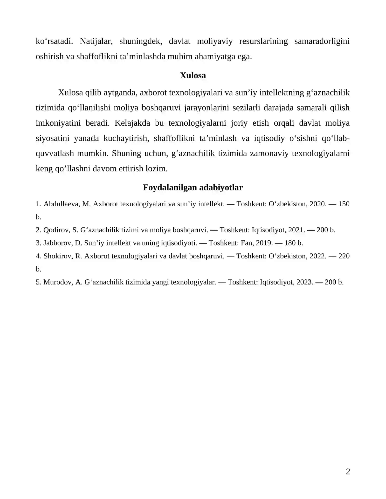 Axborot texnologiyalari va sun’iy intellekt: Gʻaznachilik tizimi 2
