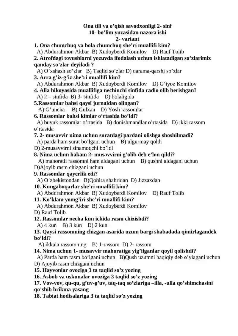 Ona tili va o’qish savodxonligi 2- sinf 2