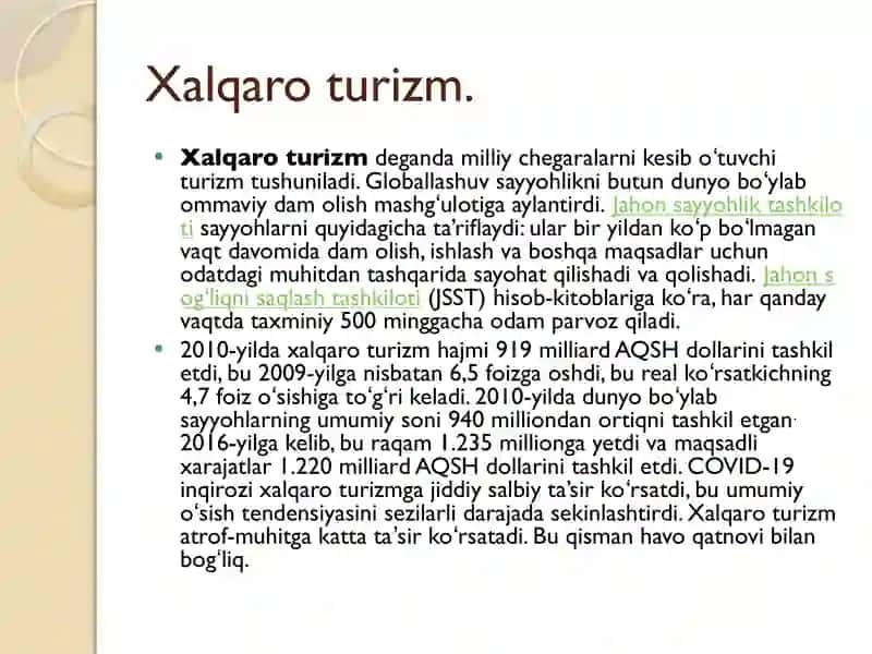 Xalqaro turizm sarmoyalarni jalb etish 2