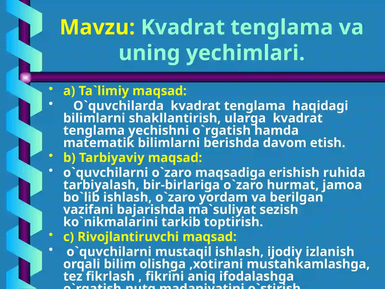 8-sinf Algebra fanidan Kvadrat tenglama va uning yechimlari dars ishlanma 2