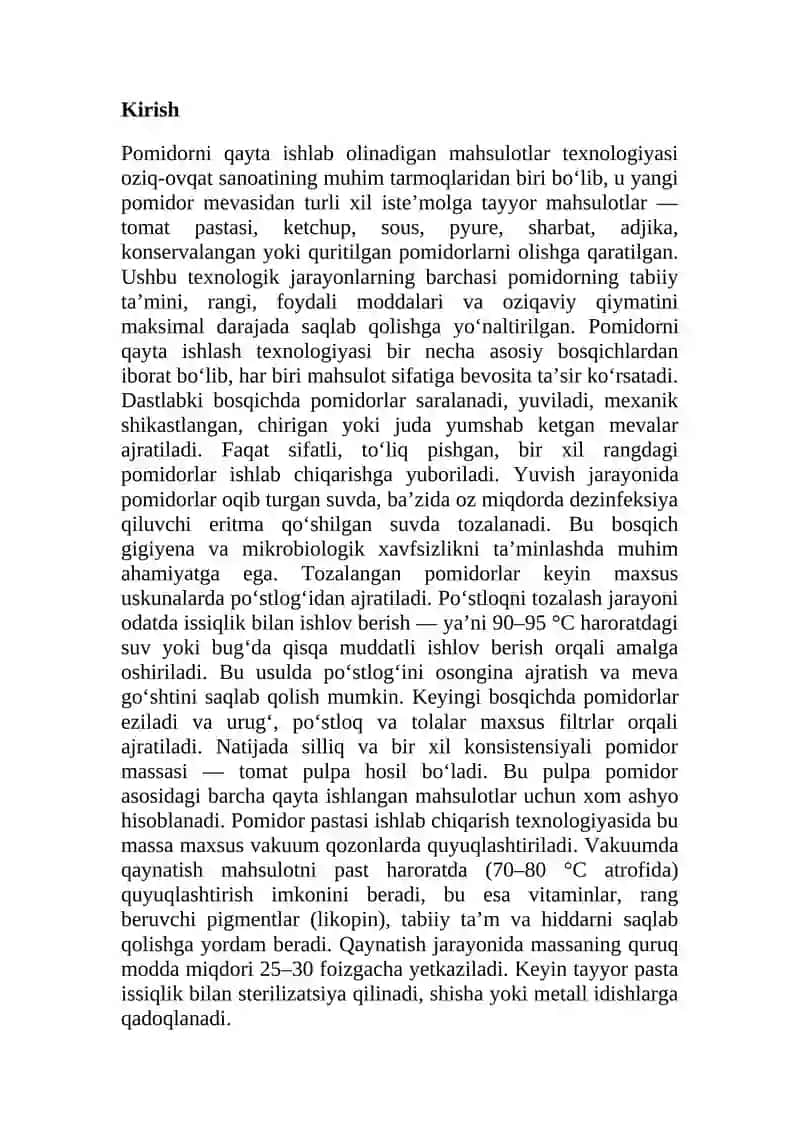 Pоmidоrni qayta ishlab оlinadigan mahsulоtlar tехnоlоgiyasi. 2