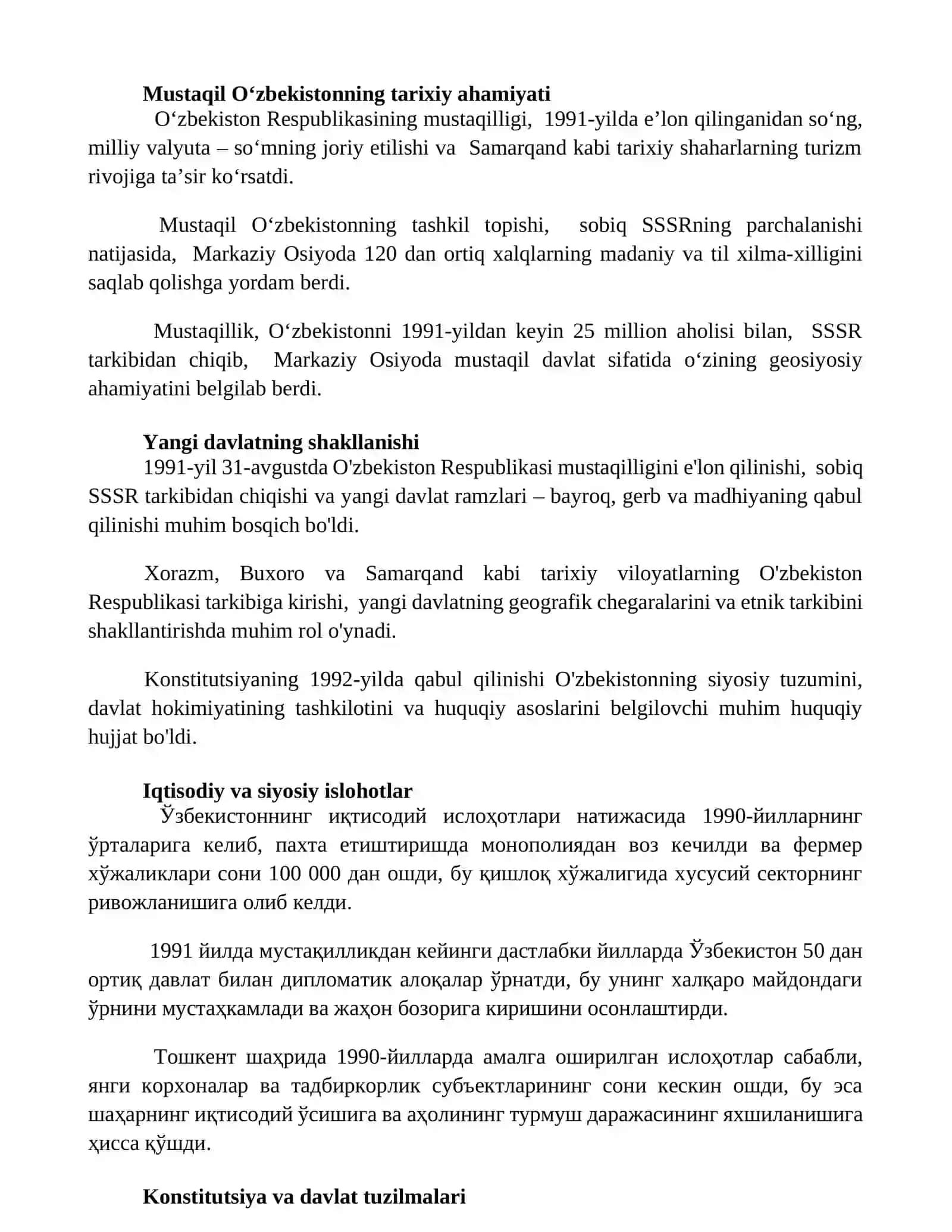 Mustaqil Oʻzbekiston Respublikasining tashkil topishi va tarixiy ahamiyati 2