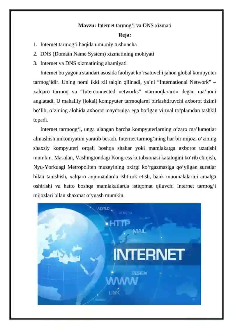 Internet tarmog‘i va DNS xizmati 2