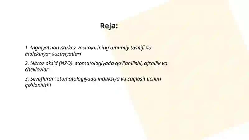 Ingalyatsion narkoz vositalari. Stomatologiyada qo'llanilishi 2