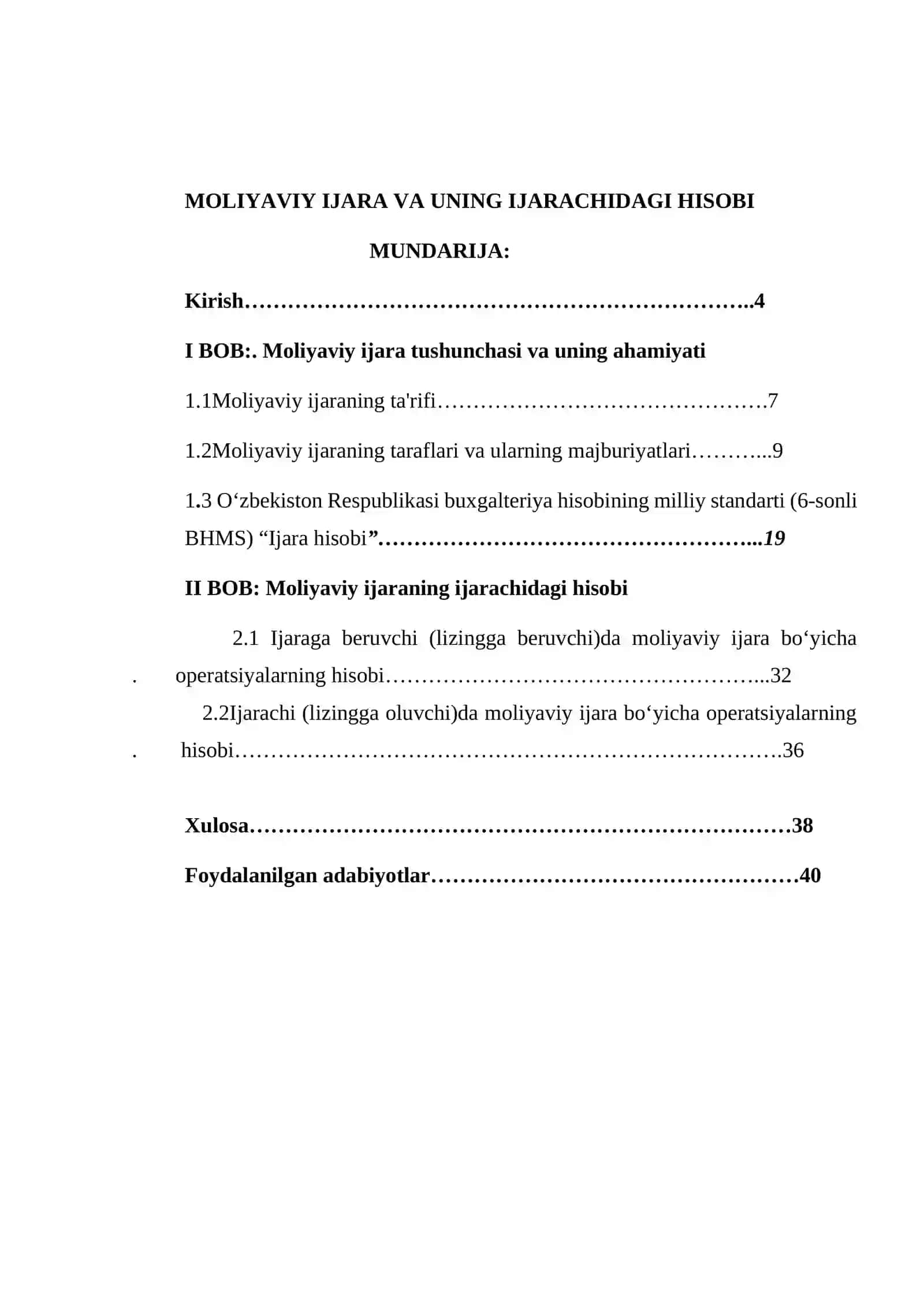 MOLIYAVIY IJARA VA UNING IJARACHIDAGI HISOBI K U R S   I S H I 2