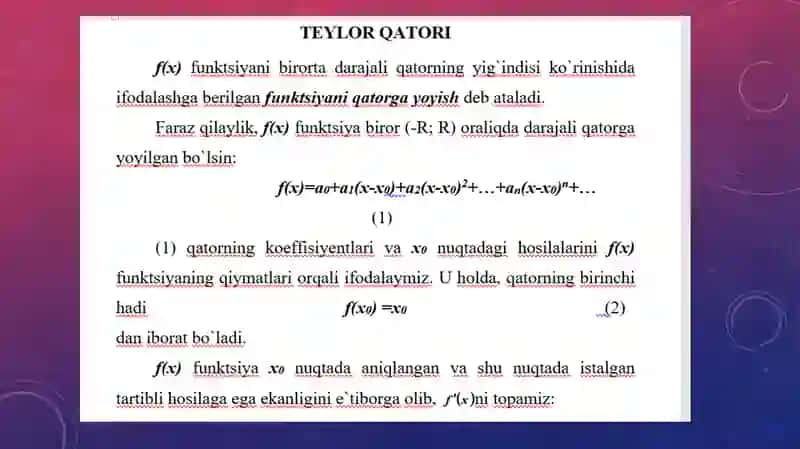 Funksiyalarni Teylor va Makloren qatorlariga yoyishga doir misollar  1.Teylor qatori.2. Makloren qatori.3. Elementar funktsiyalarni darajali qatorlarga yoyish. 2