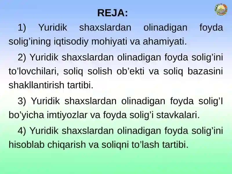 Yuridik shaxslardan olinadigan foyda solig‘i 2
