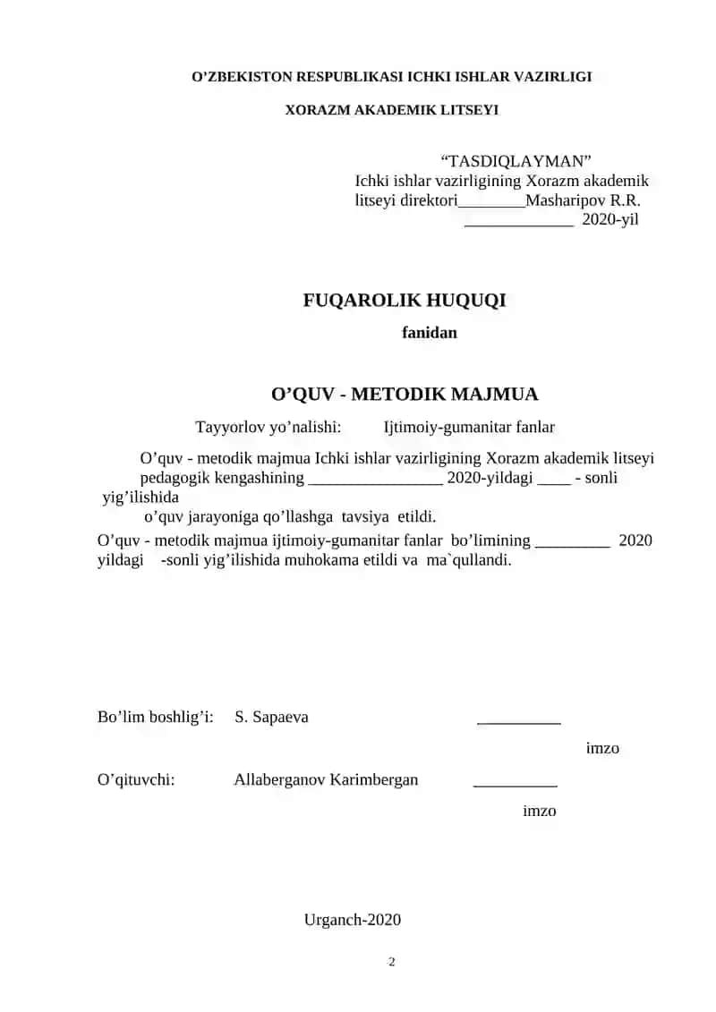 FUQAROLIK HUQUQI fanidan O’QUV - METОDIK MAJMUA 2