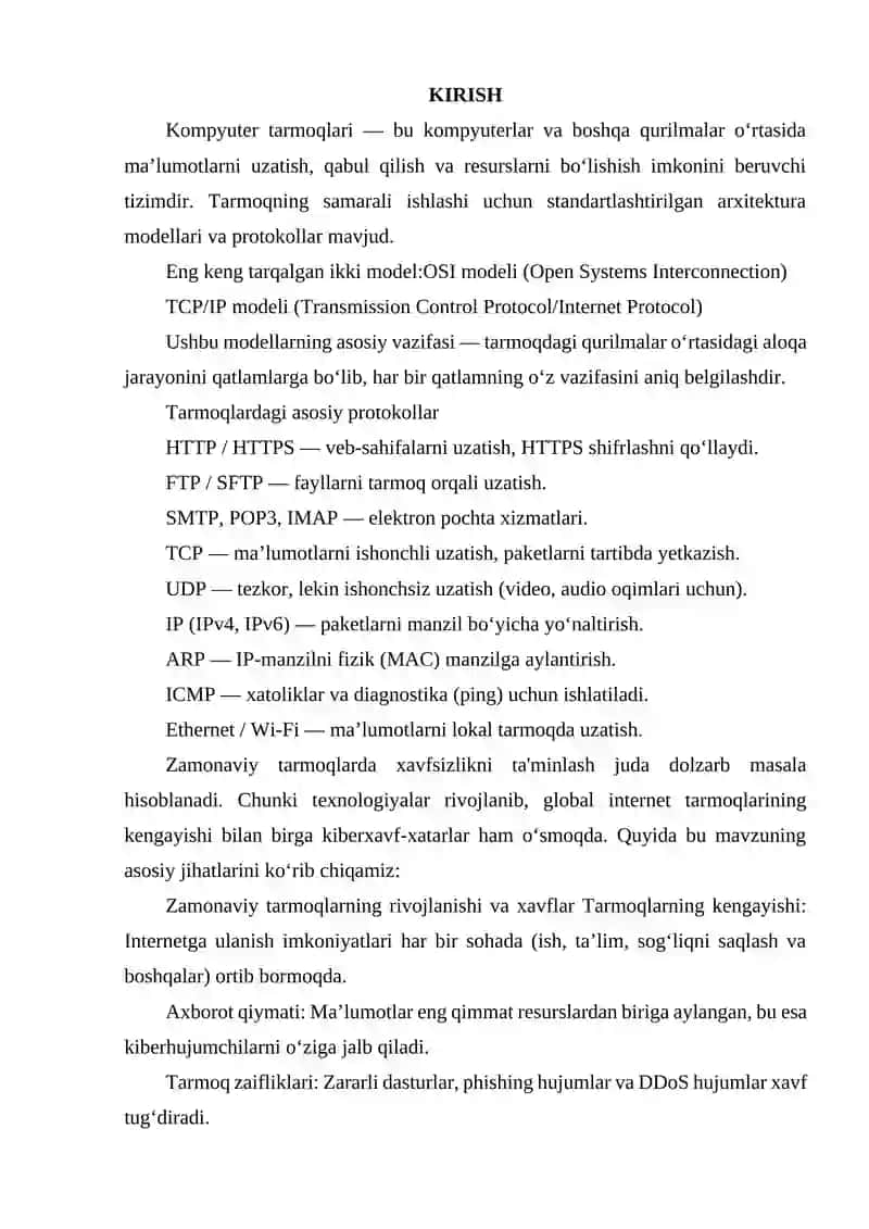 KOMPYUTER TARMOQLARINING ASOSIY ARXITEKTURA MODELLARI (OSI VA TCP/IP) HAMDA ULARDAGI PROTOKOLLAR 2
