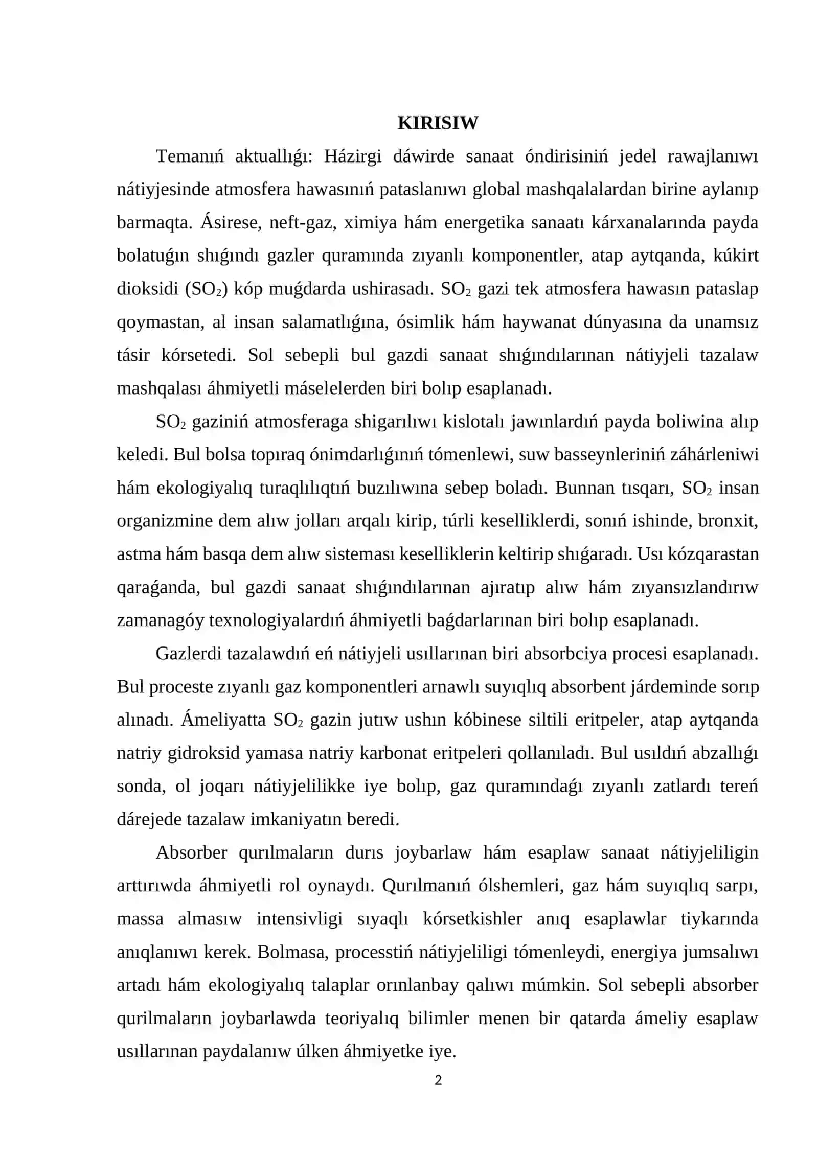SO2 gaziniń fizika-ximiyalıq qásiyetleri hám onıń absorbciya procesindegi qásiyetleri 2