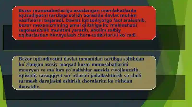 O'zbekiston Respublikasida iqtisodiyotni tartibga solish va boshqarish organlari haqida ma'lumot. 2