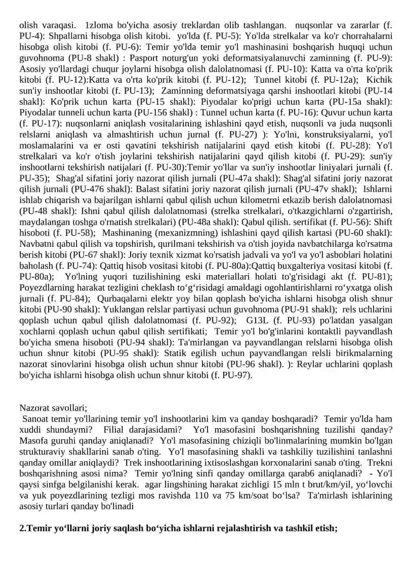 Temir yo‘l, qurilma va inshootlarning texnik holatini nazorat etish va xisobotini yuritish xujjatlari 2