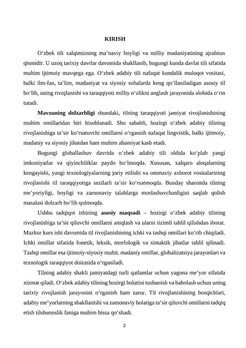 HOZIRGI O’ZBEK ADABIY TILI TARAQQIYOTINI BELGILOVCHI OMILLAR KURS ISHI 2