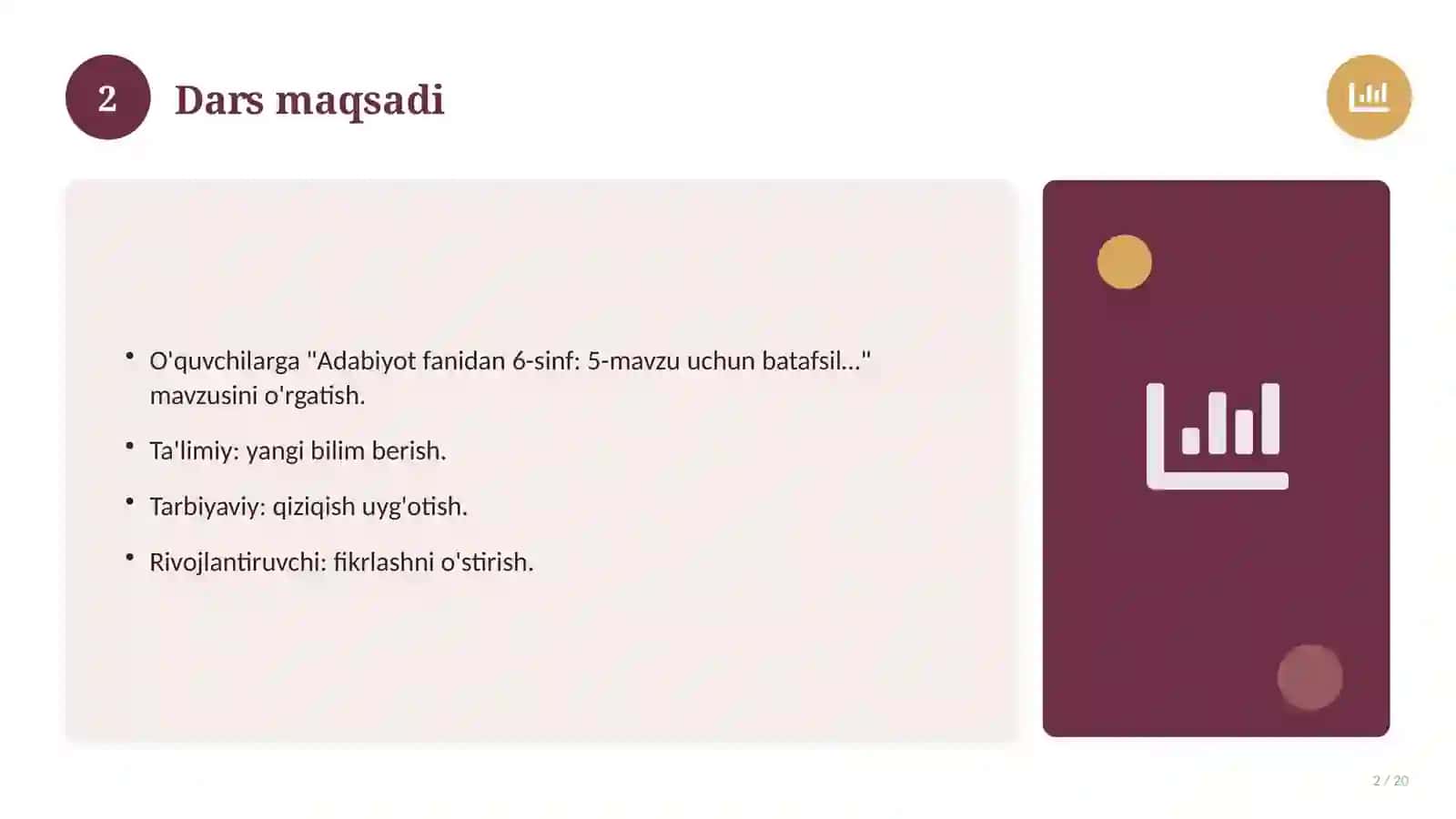 Adabiyot fanidan 6-sinf: 5-mavzu uchun batafsil dars ishlanmasi 2