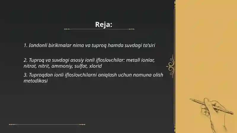 Tuproq,suvning ifloslanishidan ion boglanishli birikmalarni aniqlab ulardan tozalash g‘oyasini ishlab chiqish 2
