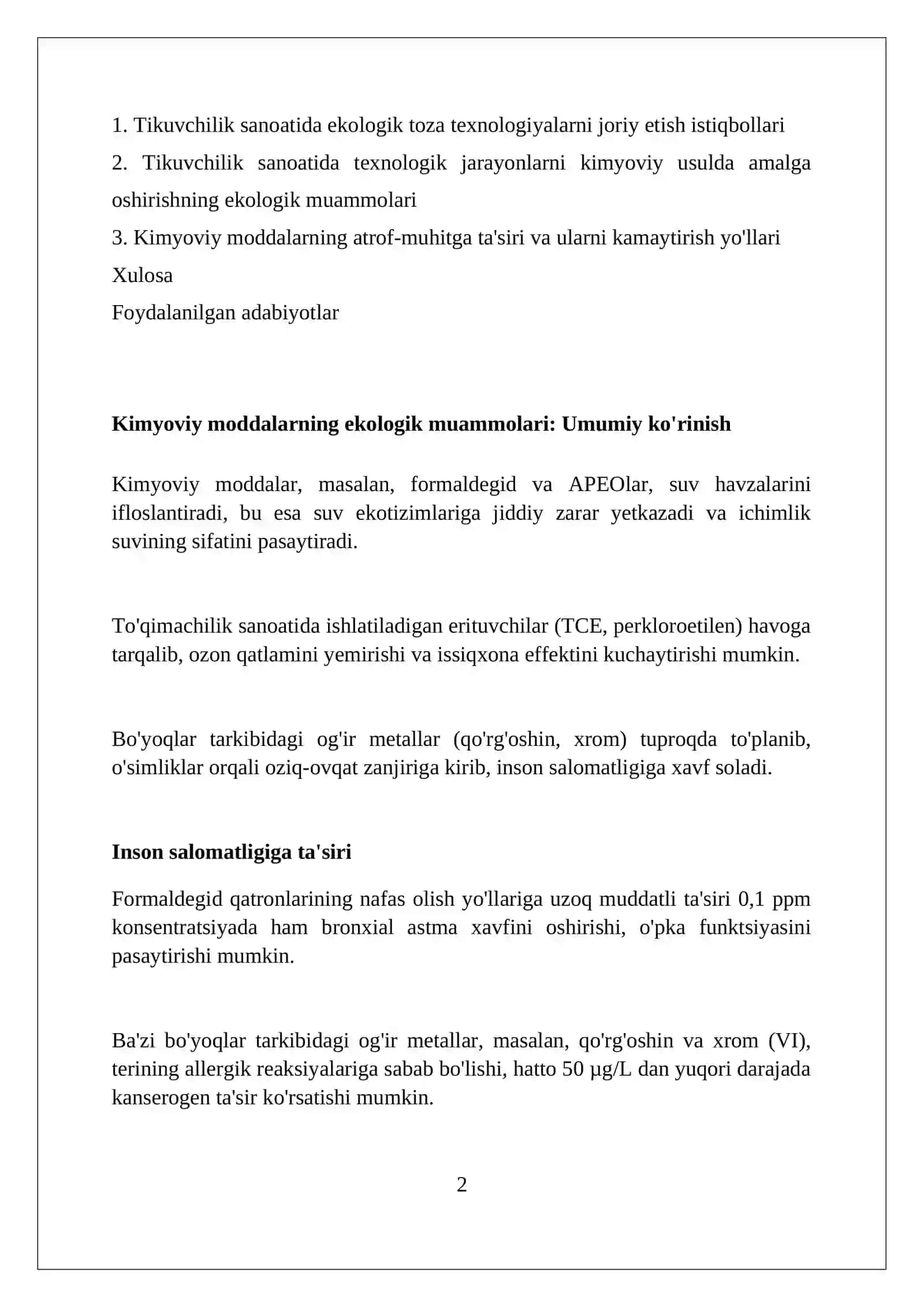 Tikuvchilik sanoatida texnologik jarayonlarni kimyolashtirishning ekologik muammolari 2