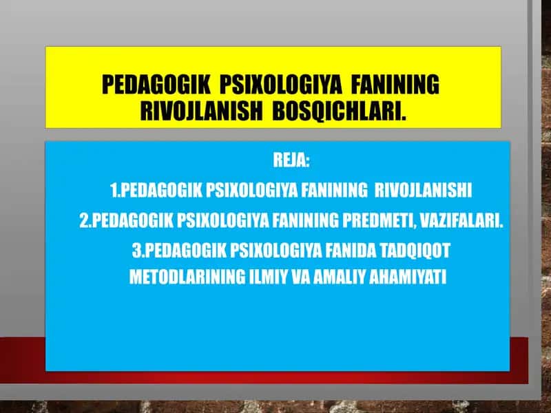 Umumiy Pedagogika va Psixologiya fanidan mustaqil ish taqdimoti 2