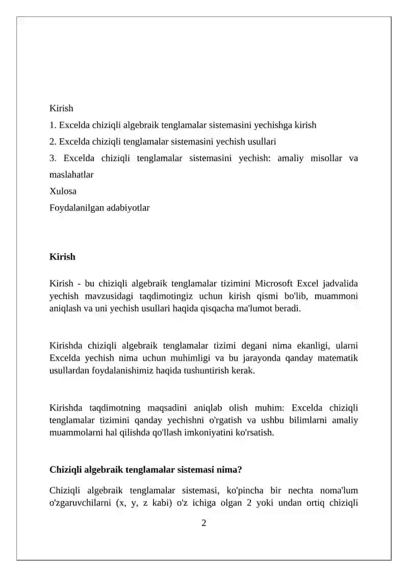 MS Excel elektron jadvalida chiziqli algebraik tenglamalar sistemasini yechish 2