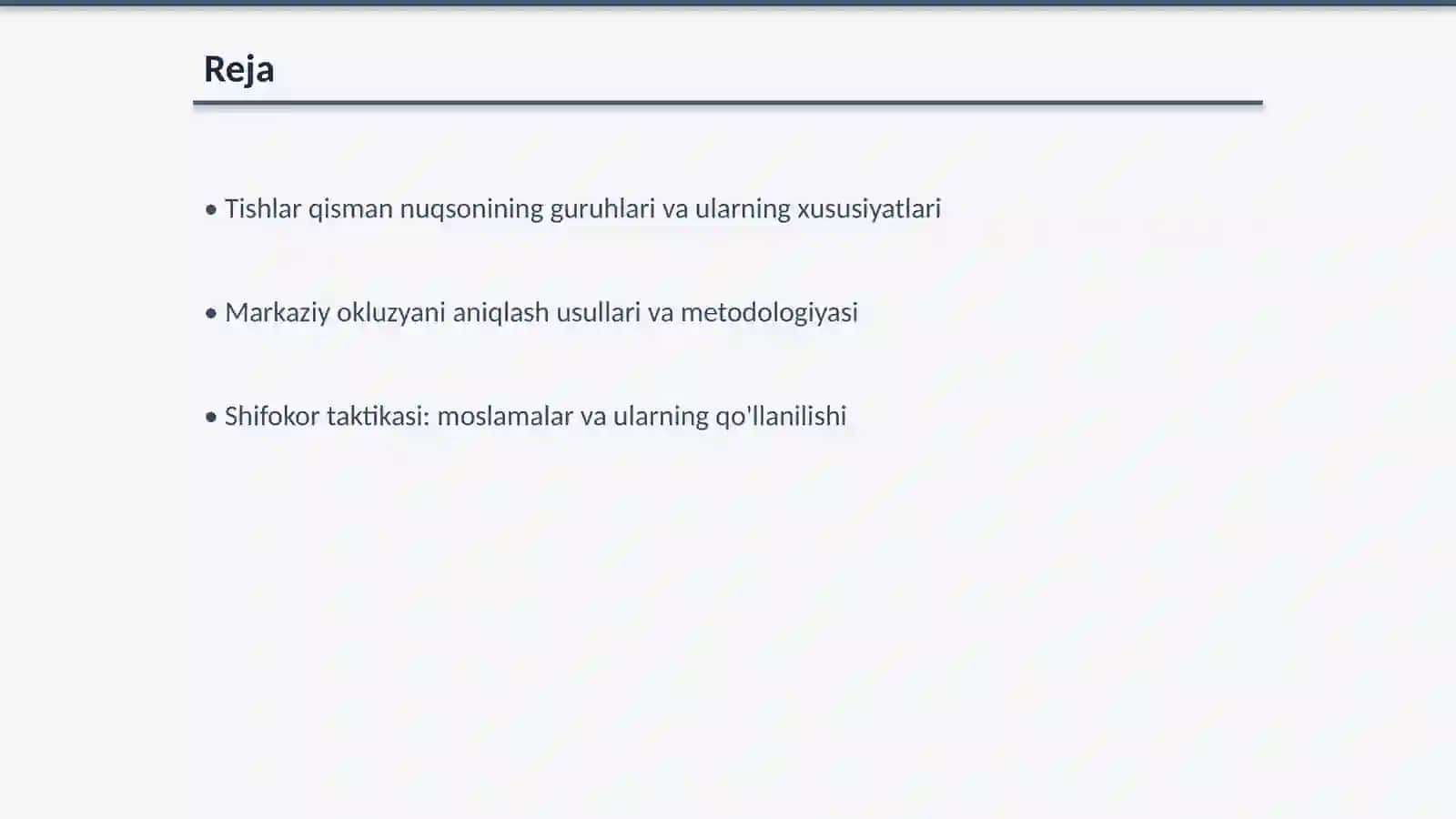 Tishlar qisman nuqsonining 1-3 -guruhlarida markaziy okluzyani aniqlash va qolgan tishlarning markaziy okluzyasining turli moslamalarda shifokor taktikasi 2