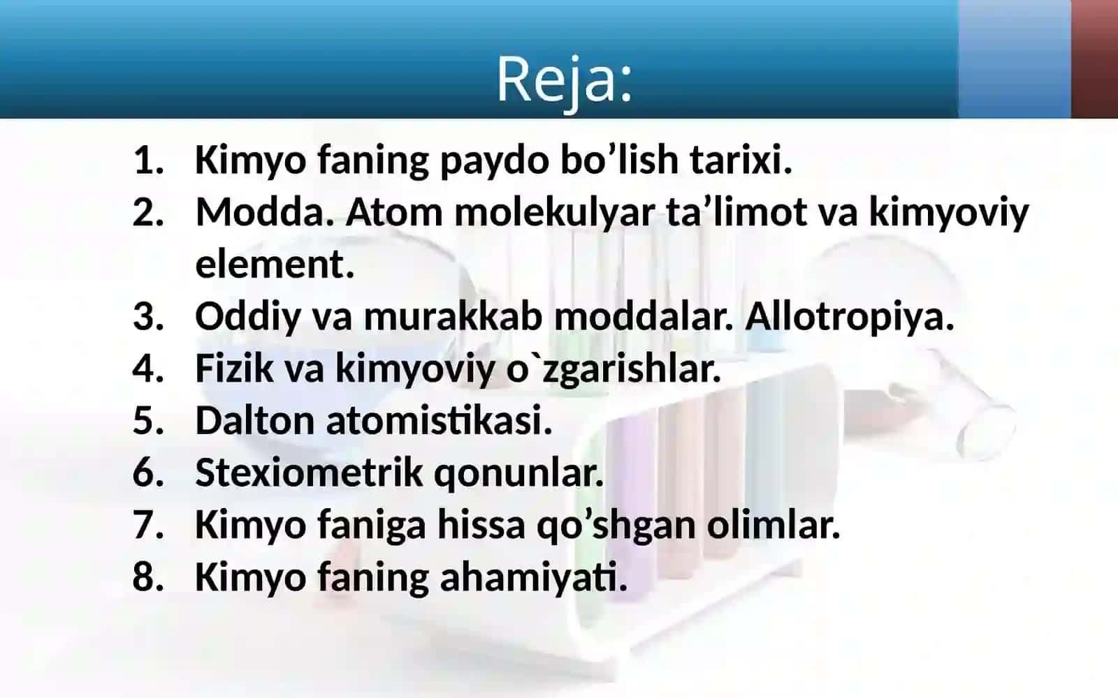 Kimyo fаnining paydo bo‘lish tarixi. Fanning mаqsаdi va vazifalari. Modda. Atom mоlеkulyar tа’limоt vа kimyoviy elеmеnt. Kimyoning asosiy qonunlari 2