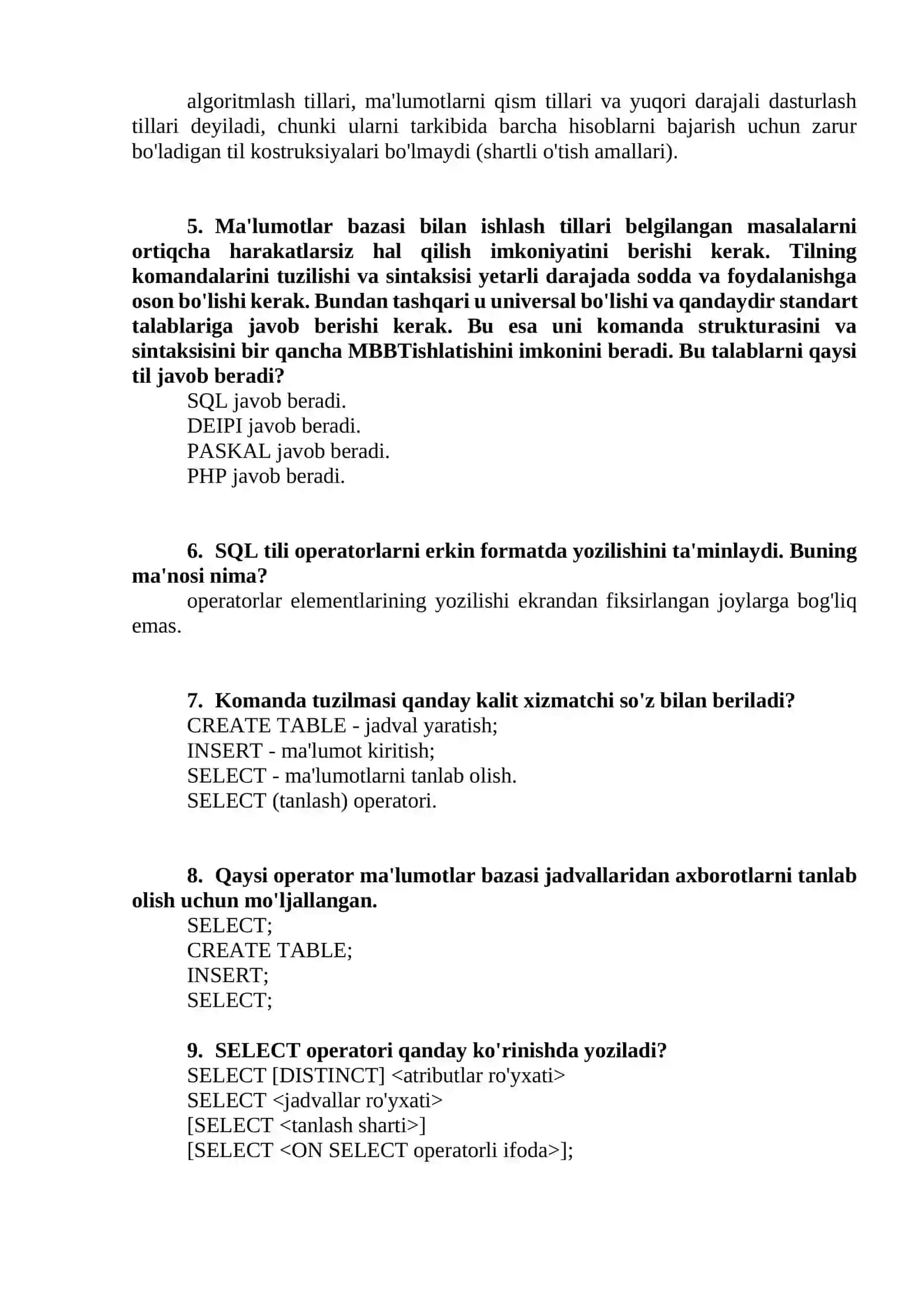 Ma'lumotlar bazasini boshqarish tizimida DDL dan nima maqsadda foydalaniladi? 2