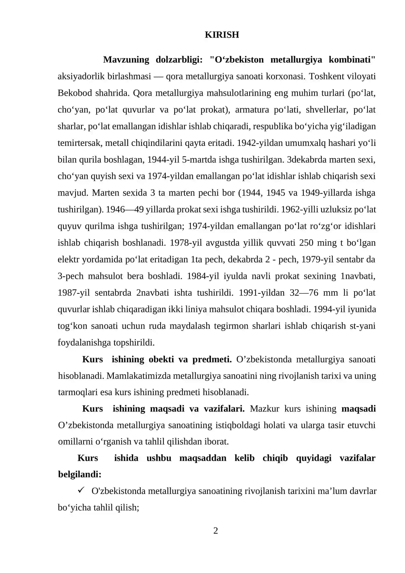 O'zbekiston Respublikasida metallurgiya sanoatining rivojlanish tarixi va istiqbollari 2