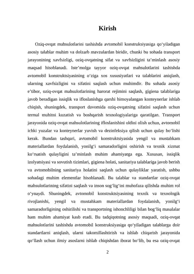Oziq-ovqat mahsulotlarini avtomobil konstruksiyasiga qo‘yiladigan talablar 2