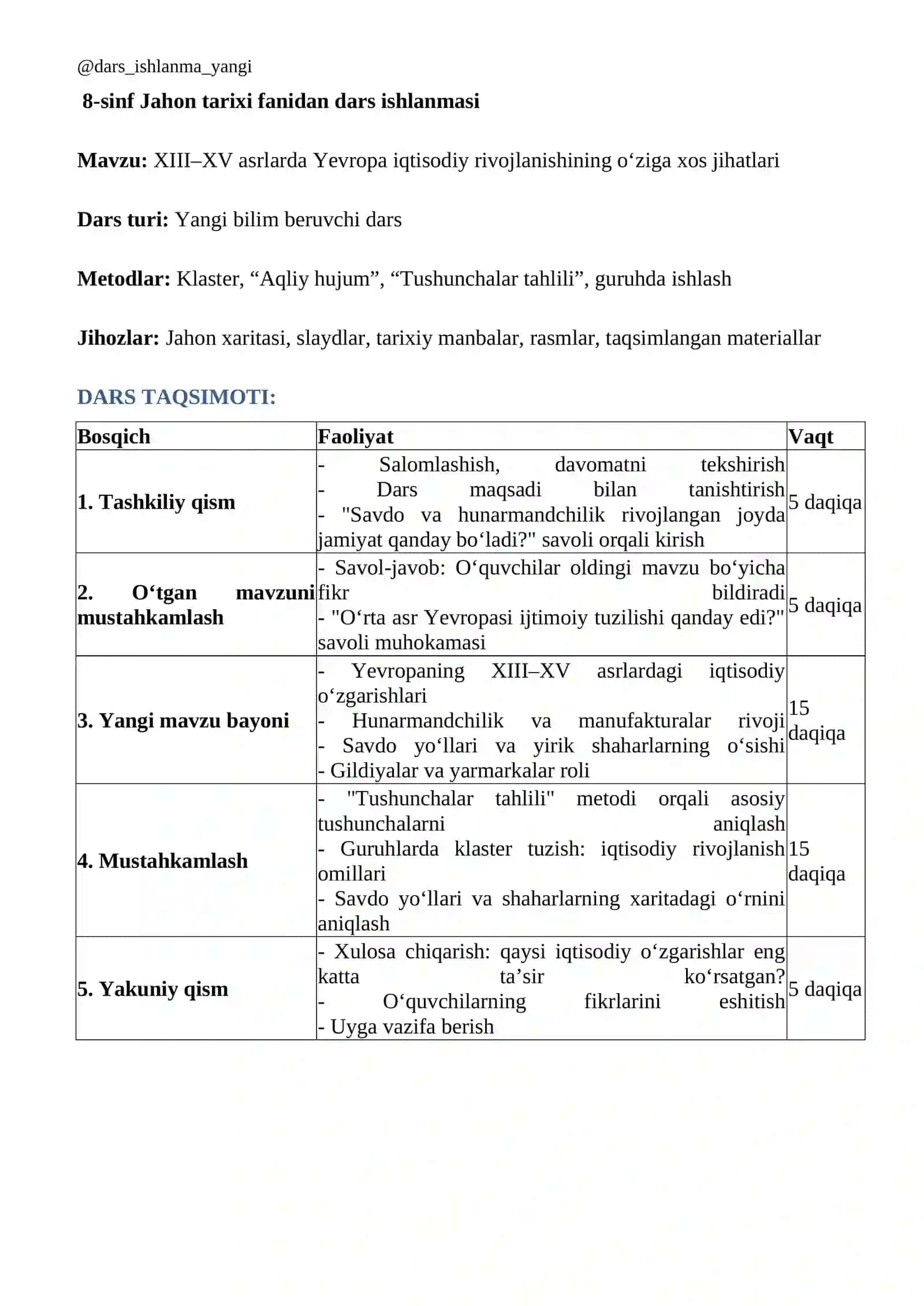 XIII–XV asrlarda Yevropa iqtisodiy rivojlanishining o‘ziga xos jihatlari dars ishlanmasi 2