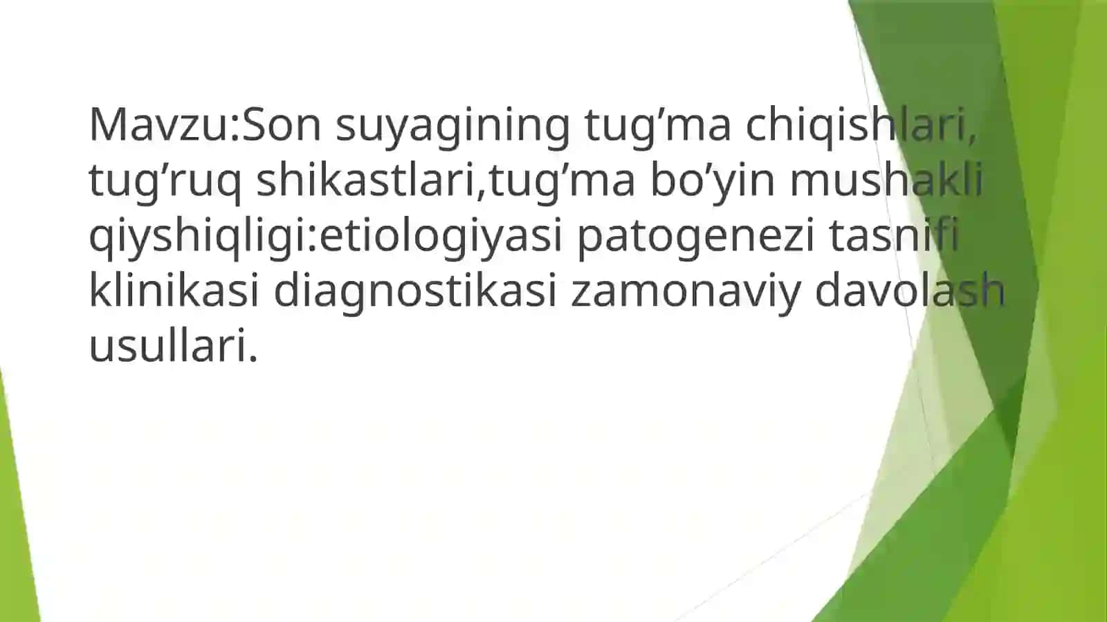 Son suyagining tug’ma chiqishlari, tug’ruq shikastlari,tug’ma bo’yin mushakli qiyshiqligi:etiologiyasi patogenezi tasnifi klinikasi diagnostikasi zamonaviy davolash usullari 2