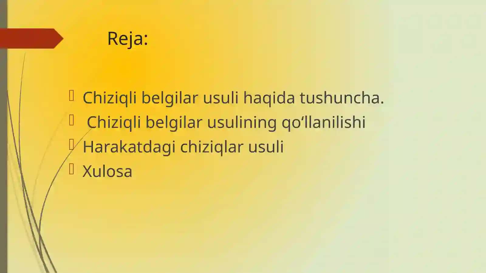 Chiziqli belgilar va harakatdagi chiziqlar usuli. 2