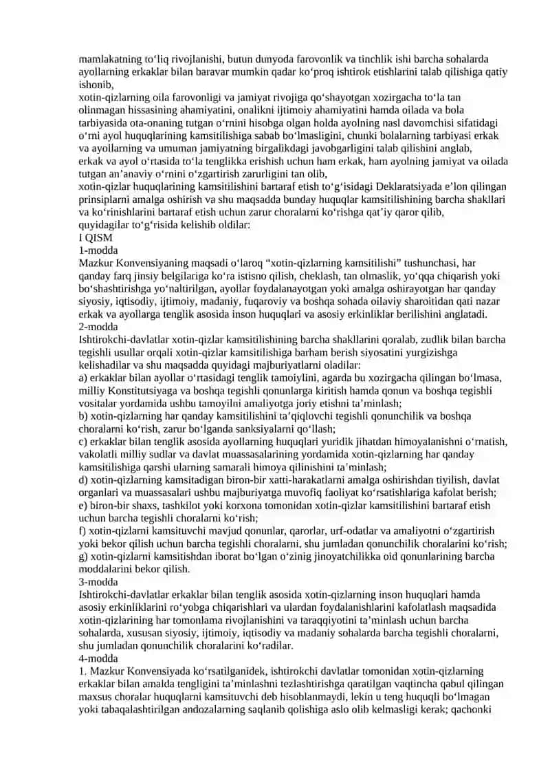 Xotin-qizlarni kamsitishining barcha shakllariga barham berish to‘g‘risida Konvensiya 2