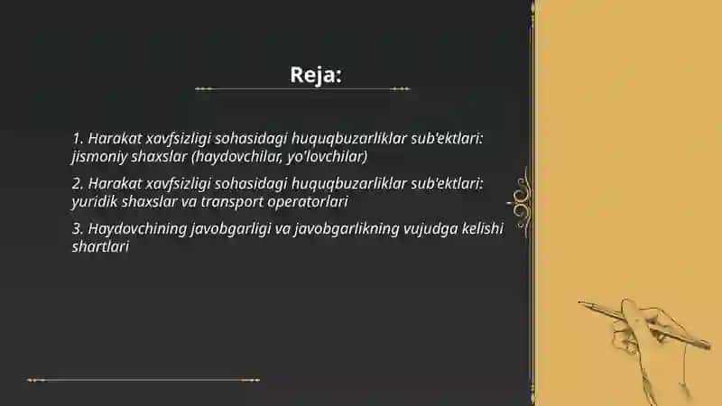 Harakat xavfsizligi sohasidagi huquqbuzarliklar sub'ektlari 2