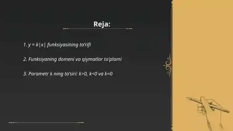 y = k|x| funksiya, uning xossalari va grafigi 2