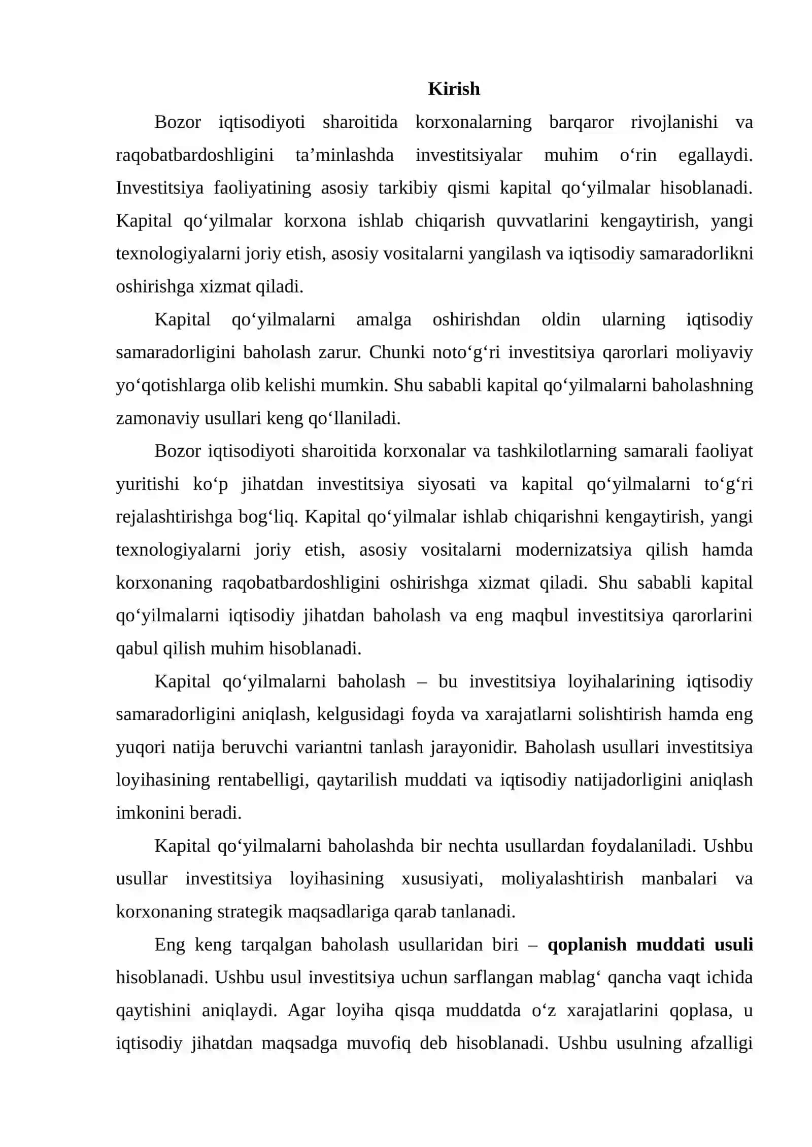 Kapital qo‘yilmalarni baholash usullari 2