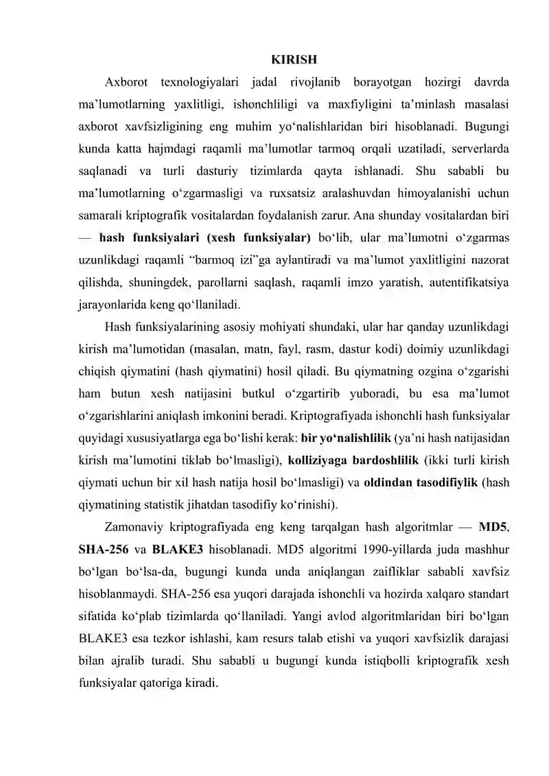 Hash funksiyalarining xavfsizlik tahlili (MD5, SHA-256, BLAKE3) 2