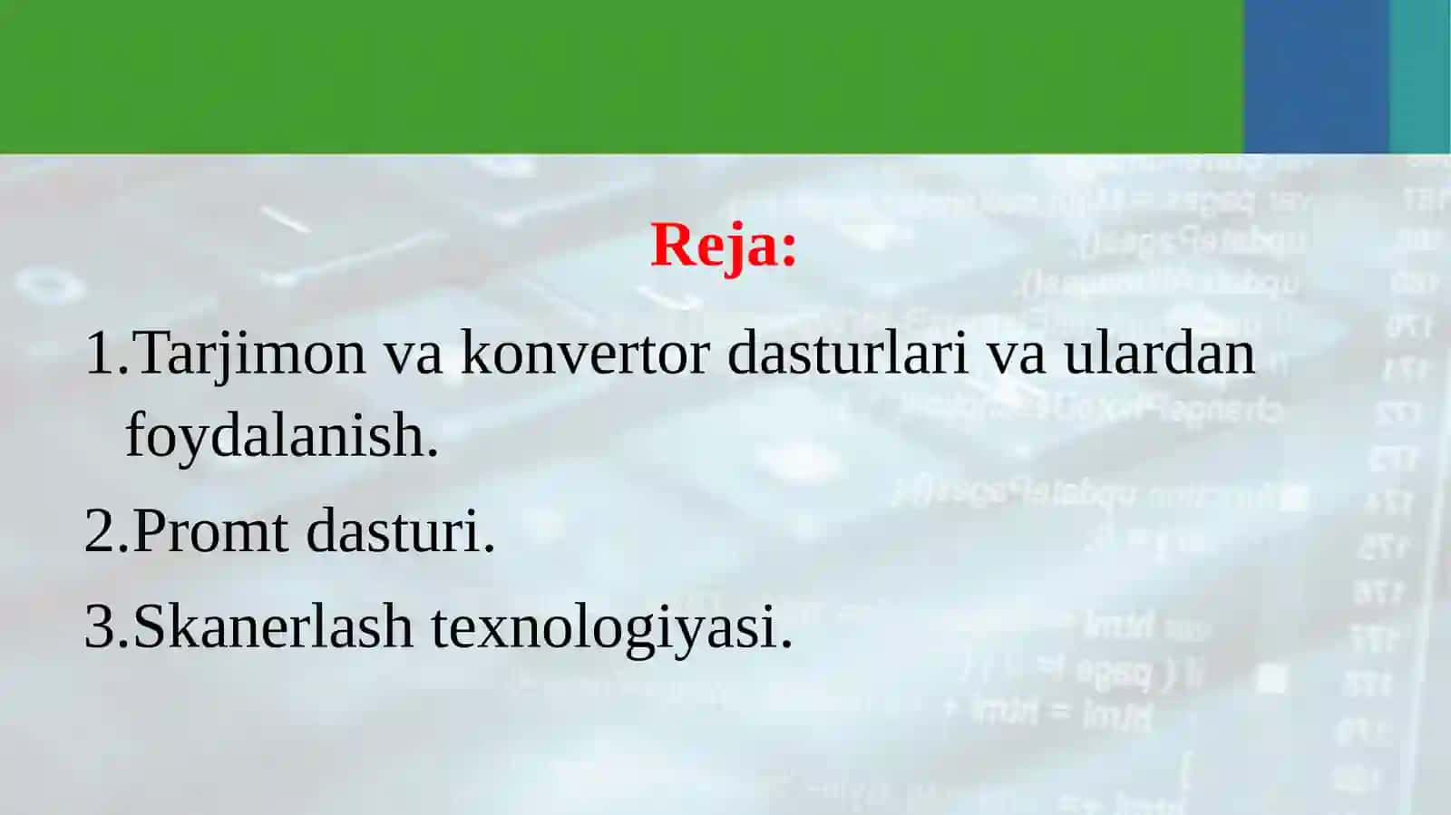 Zamonaviy axborot texnologiyalari: birtildan ikkinchi tilga o’girish texnologiyalari, skanerlash texnologiyasi va boshqalar 2