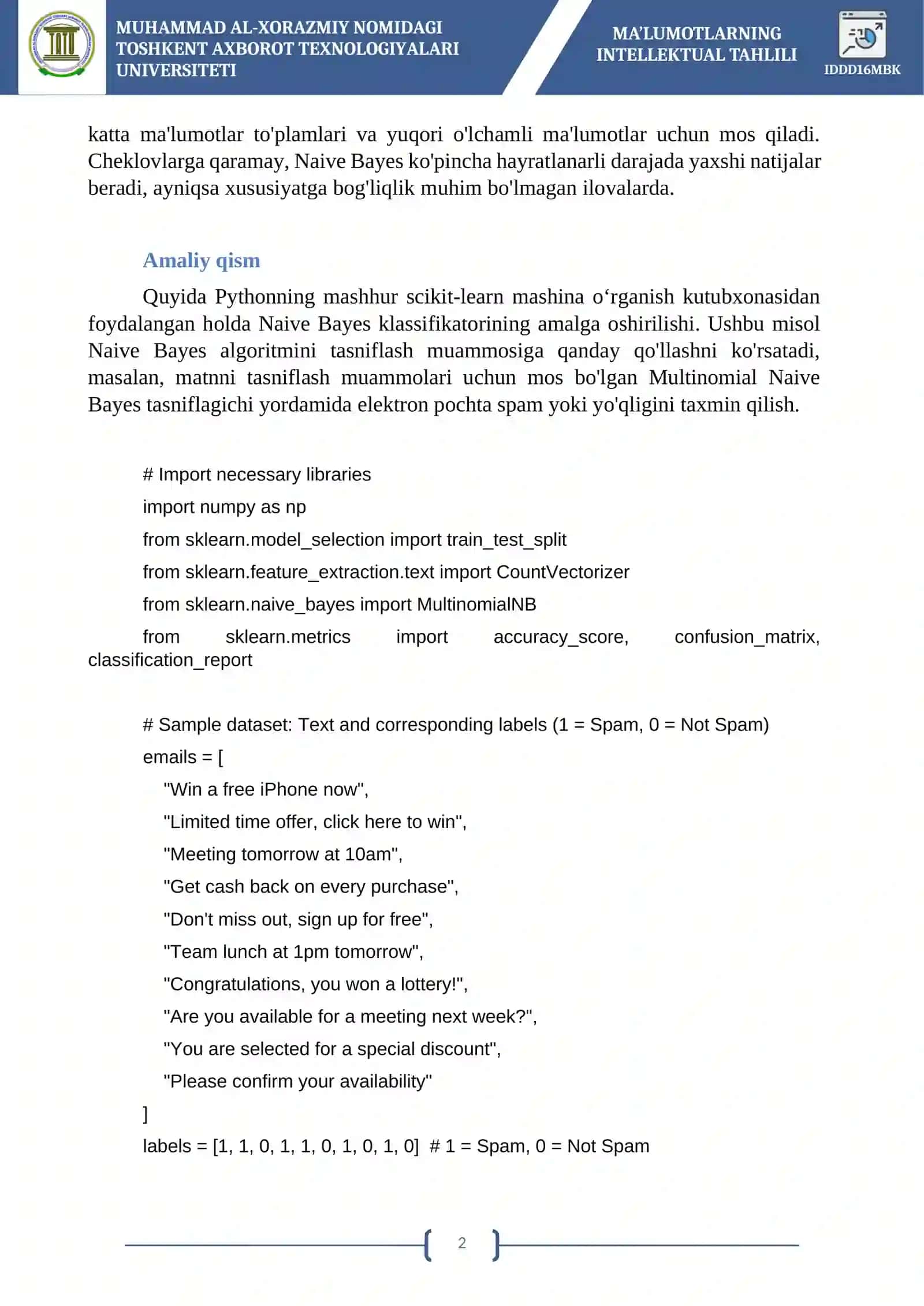 Naive Bayes klassifikatorini amalga oshirish 2