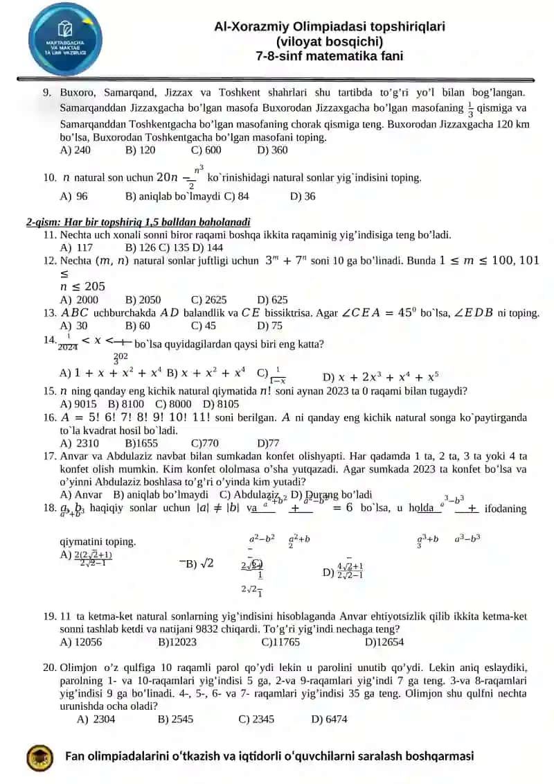 Al-Xorazmiy Olimpiadasi topshiriqlari (viloyat bosqichi) 7-8-sinf matematika fani 2