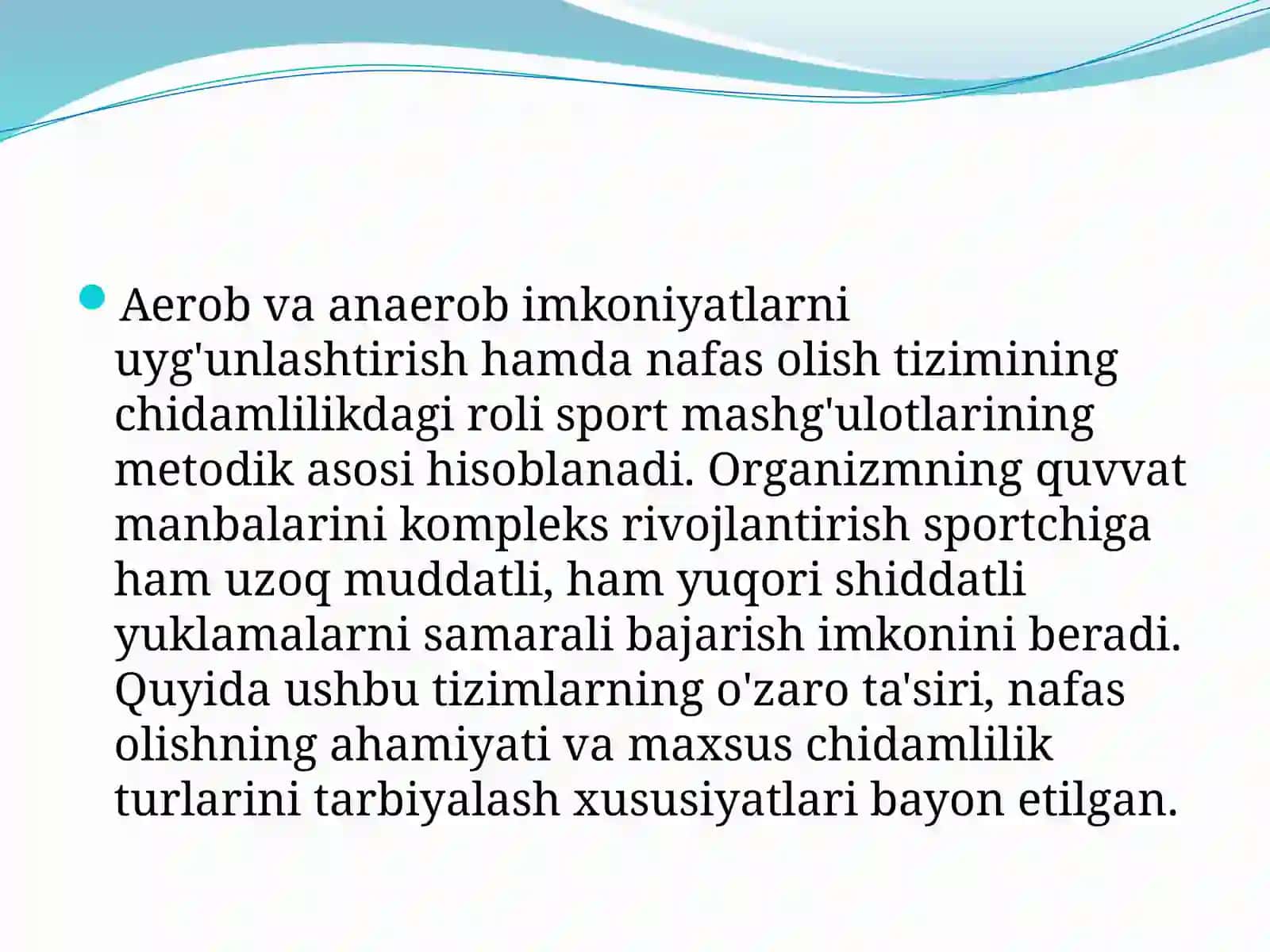 AEROB VA ANAEROB IMKONIYATLARNI OSHIRISHGA QARATILGAN TA'SIRLARNI BIRGA QO'SHISH. NAFAS OLISH VA CHIDAMLILIK. MAXSUS CHIDAMLILIKNI BAZI BIR TURLARINI TARBIYALASH METODIKASINING XUSUSIYATLARI 2