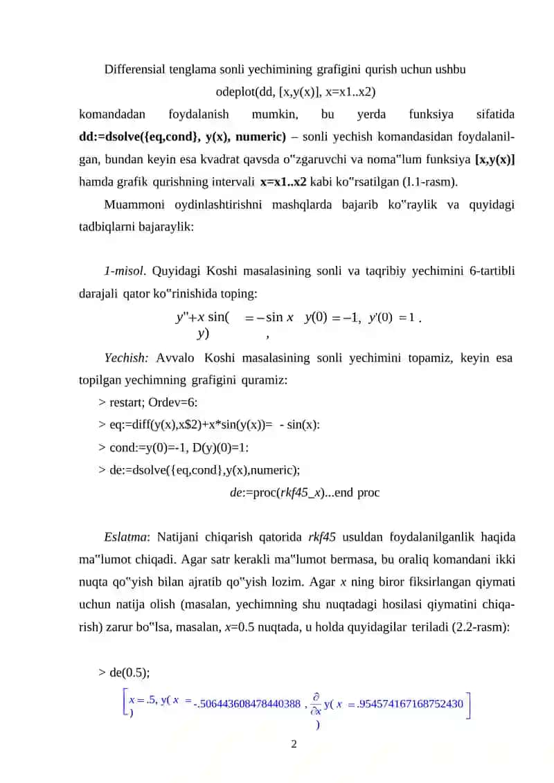 ODDIY DIFFERENSIAL TENGLAMALARNI MAPLE VA MATHCAD DASTURLARI YORDAMIDA SONLI YECHISH 2