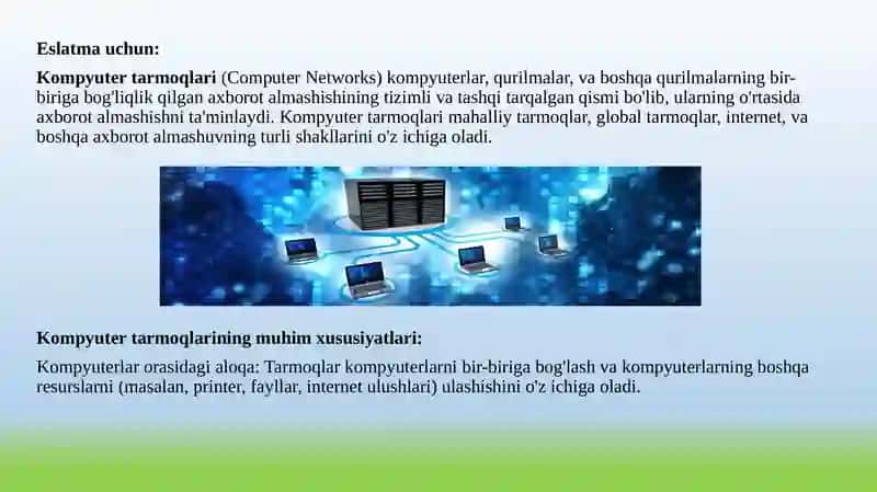 Tarmoqni loyihalashda qo‘llanilayotgan zamonaviy dasturlar, tarmoqlarning asosiy qurilmalari va kompyuterning tashkiliy qismlari. 2