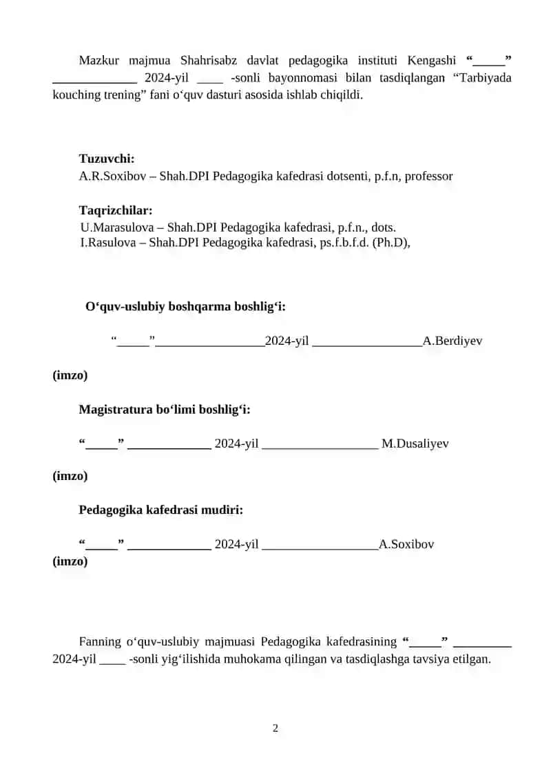 TARBIYADA KOUCHING TRENING FANIDAN O‘QUV-USLUBIY MAJMUA 2