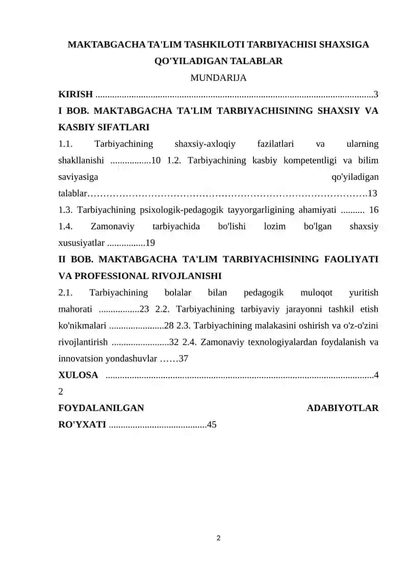 MAKTABGACHA TA'LIM TASHKILOTI TARBIYACHISI SHAXSIGA QO'YILADIGAN TALABLAR 2