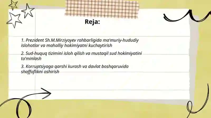 Yangi O'zbekistonda prezident Sh. M. Mirziyoyev rahbarligi va tashabbusi ostida amalga oshirilayotgan islohotlar 2