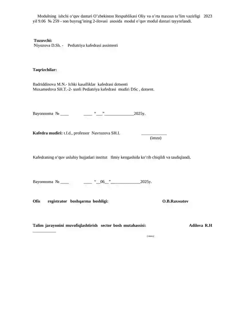 NEONATOLOGIYA MODULINING ISHCHI O‘QUV DASTUR 2