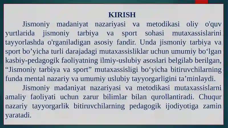 Jismoniy madaniyat nazariyasi va metodikasi fanining maqsadi hamda vazifalari 2