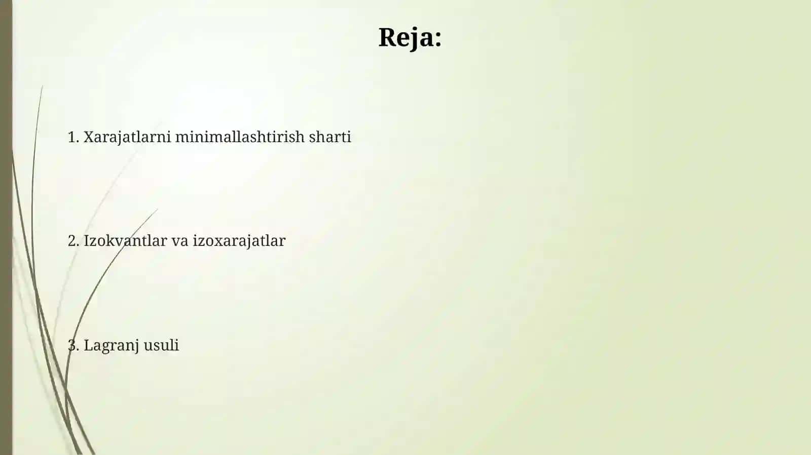 Ishlab chiqarish xarajatlarini minimallashtiruvchi omillar nisbatini tanlash 2